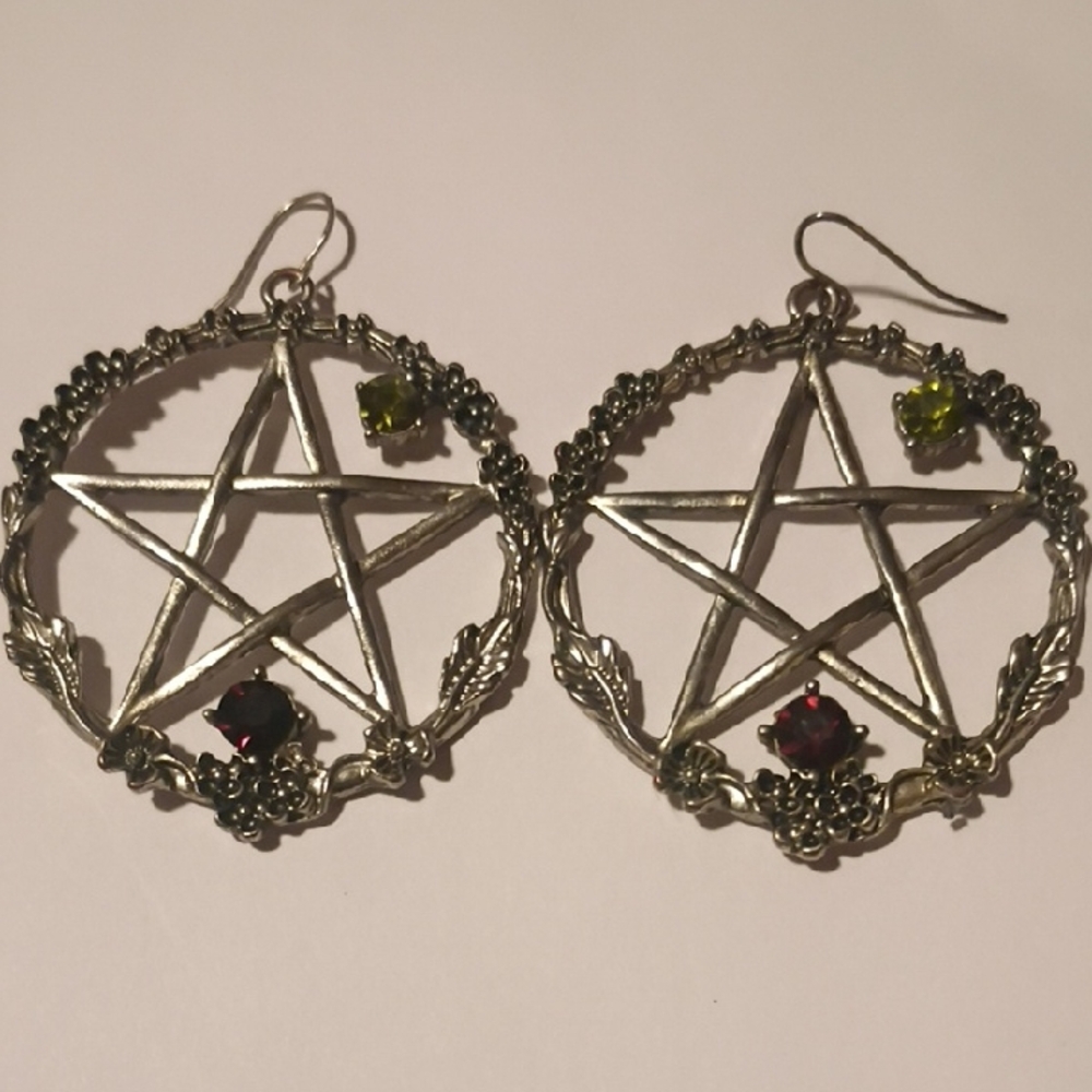 Silver-toned Pentagram Dangle Earrings